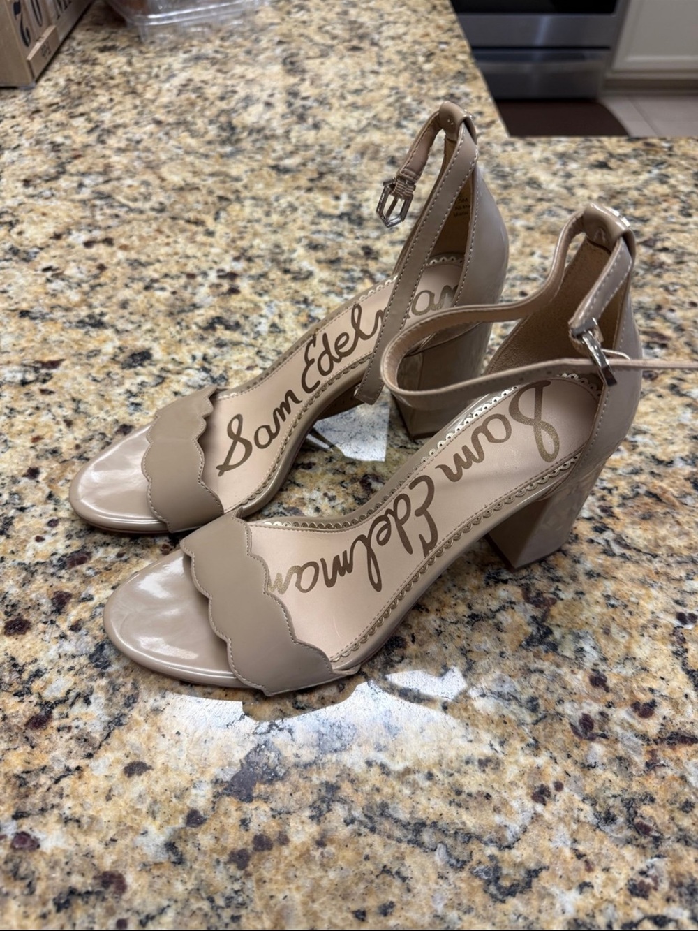 Sam Edelman Beige Scalloped Ankle Strap Block Heels